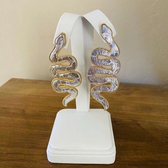 Statement Gold & Silver Snake Earrings – 3” Long, Post Back, Vintage Style - Picture 2 of 6